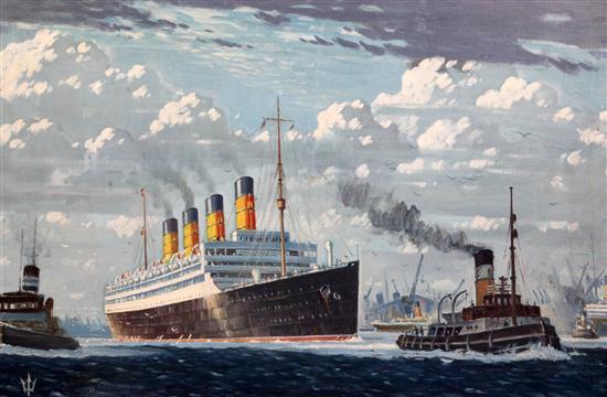 Attributed to Odin Rosenvinge (1880-1957) Liner and tug entering harbour 19 x 28.5in.